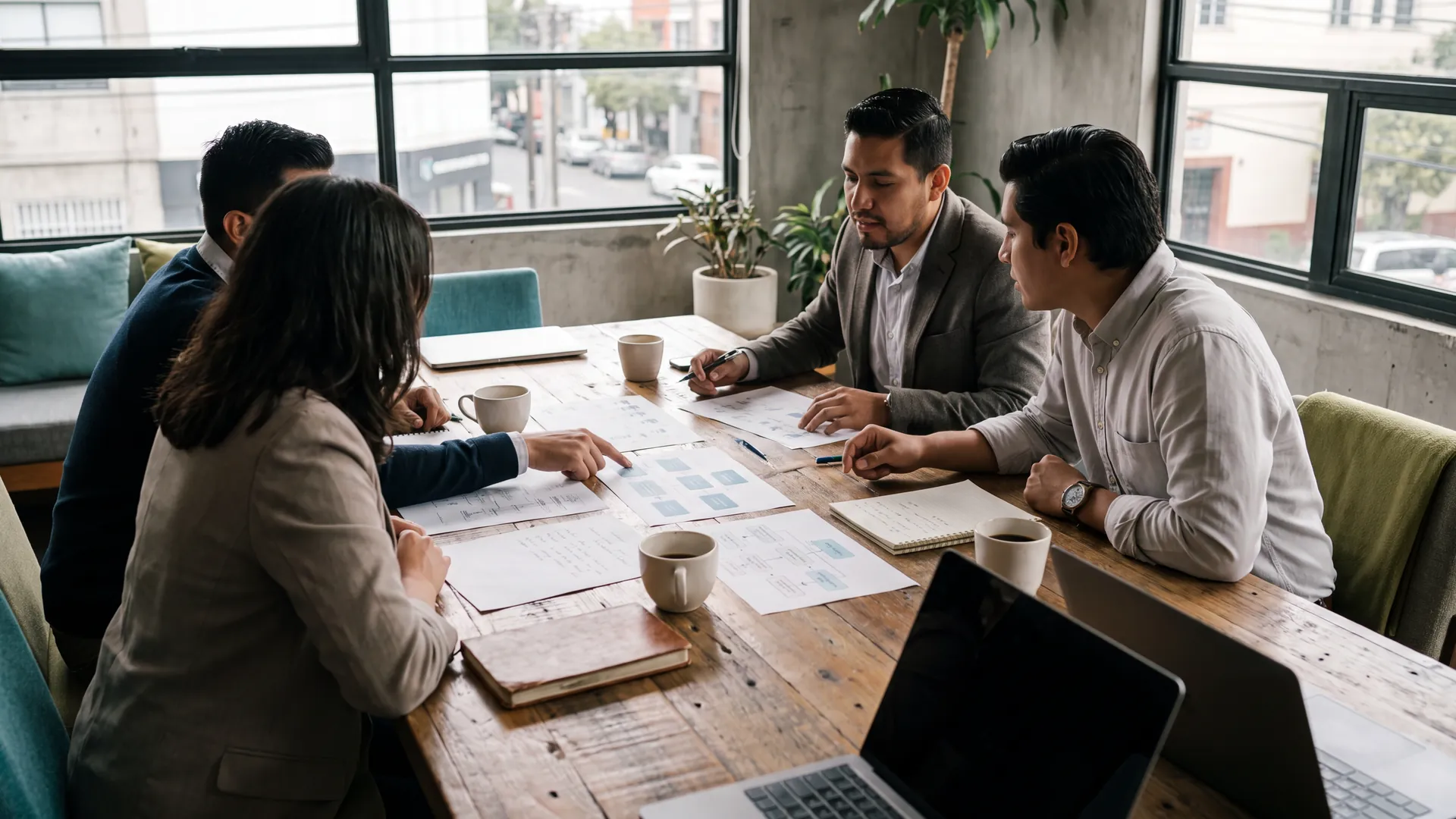 Equipo de marketing revisando diagramas de campañas impresos alrededor de una mesa de trabajo con luz natural