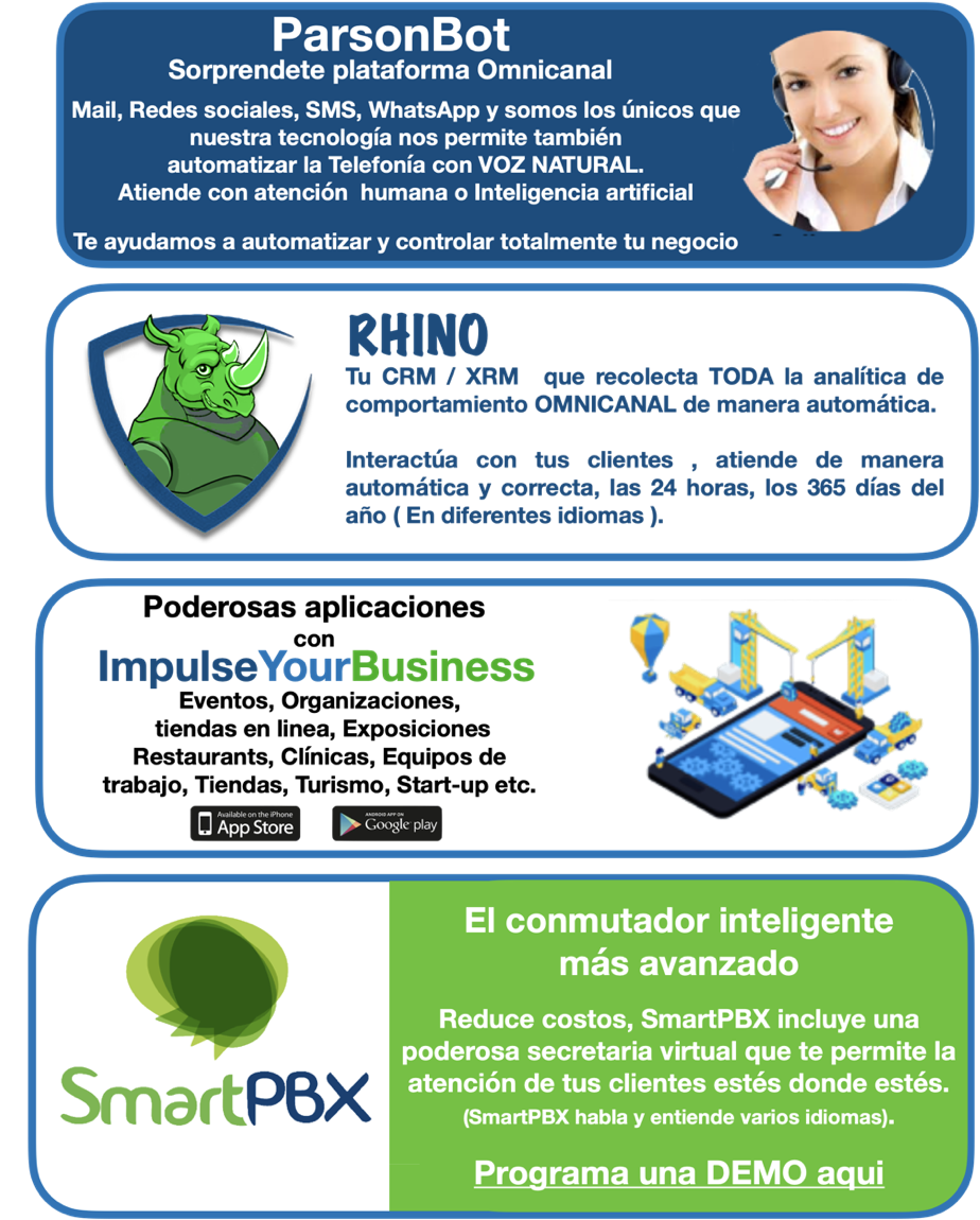 Paron Bot Omnicanal, Rhino CRM XRM, IMpulseYourBusiness para creacion de Apps, SmartPBX conmutador intekigente que atiende las llamadas en tu idioma.